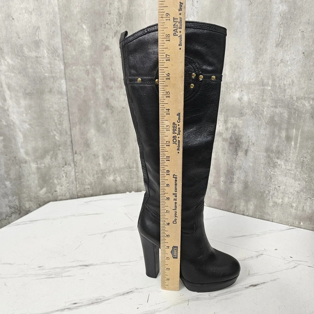 Tory Burch Colleen Black Leather Knee High Boots 6M Gold Stud Logo Heels Brazil‎